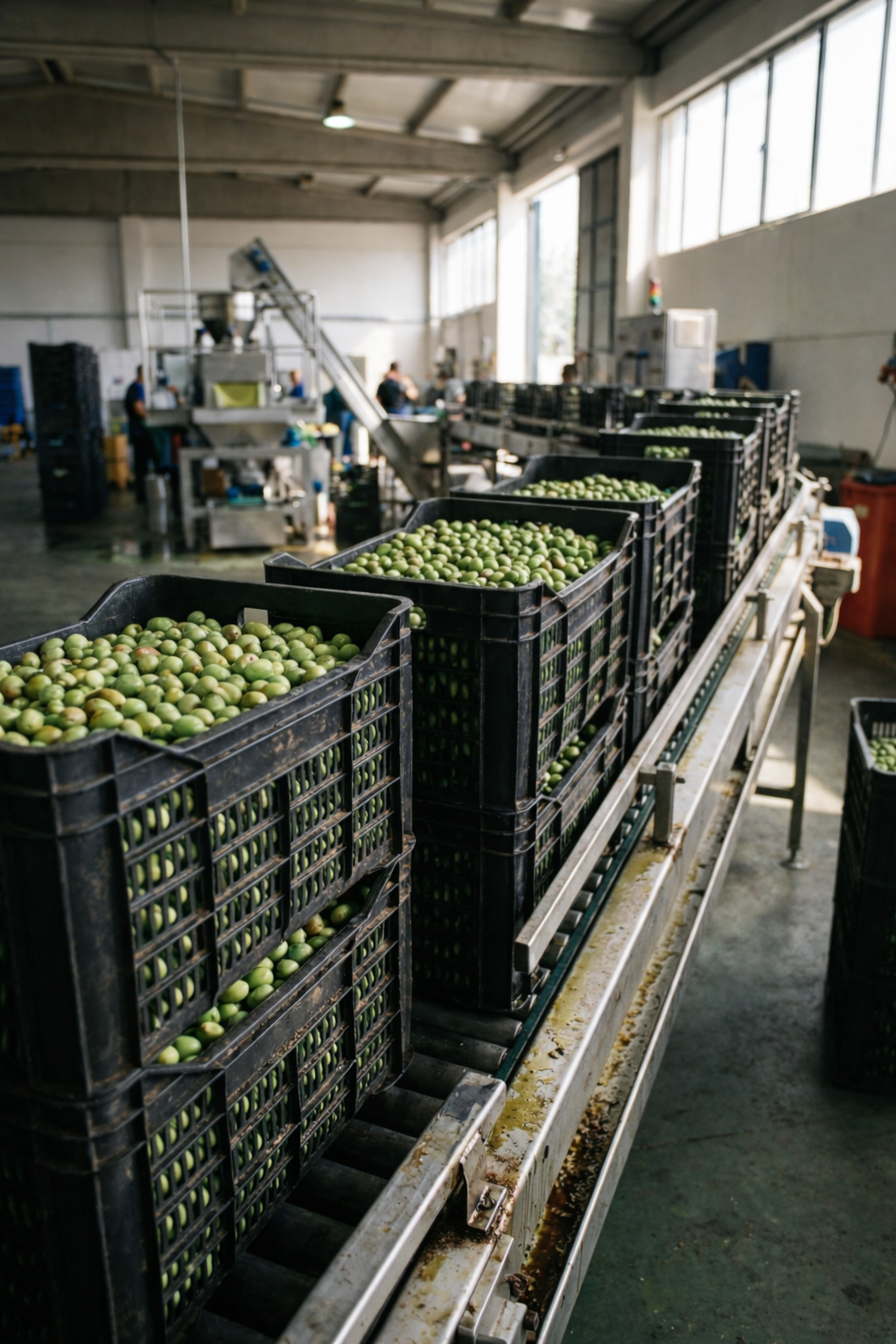 Modern olive processing facility with crates