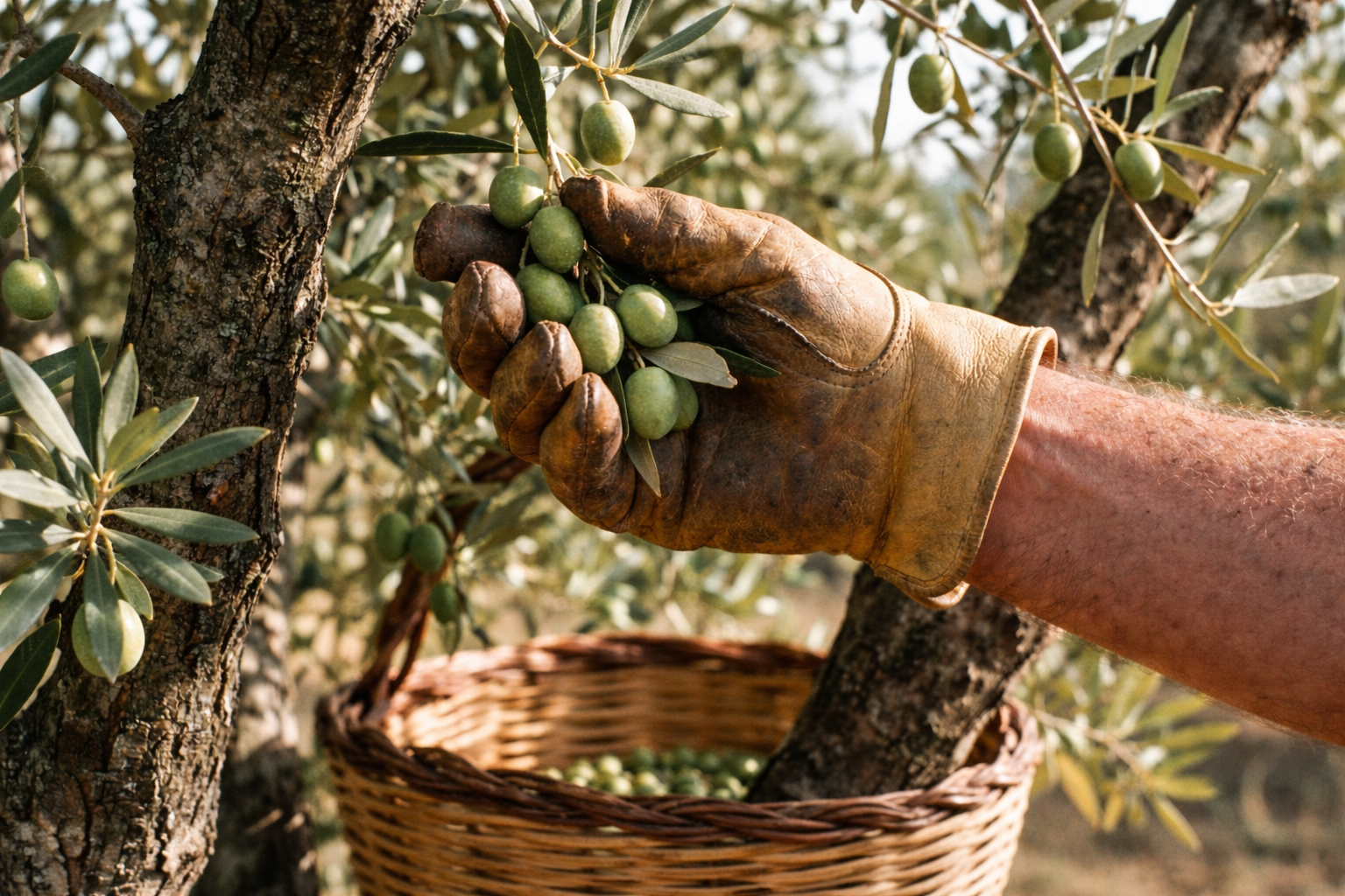 Hand picking olives from tree