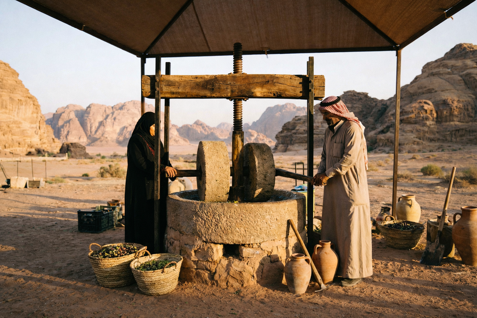 Traditional olive press operation